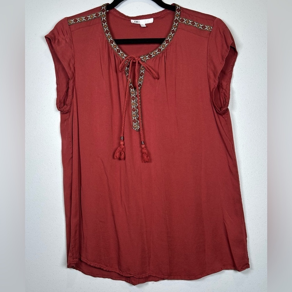 DR2 Red Tie Front Embellished Blouse. Size Large. Casual. Career. Wear to Work.